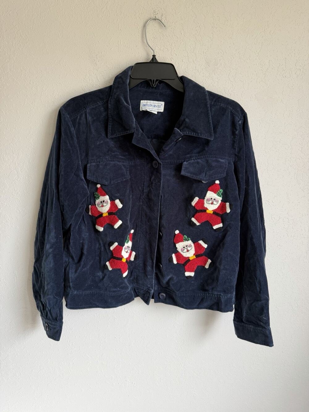 Bellepointe Navy Velveteen Embroidered Santa Button Up Blouse Womens S Christmas